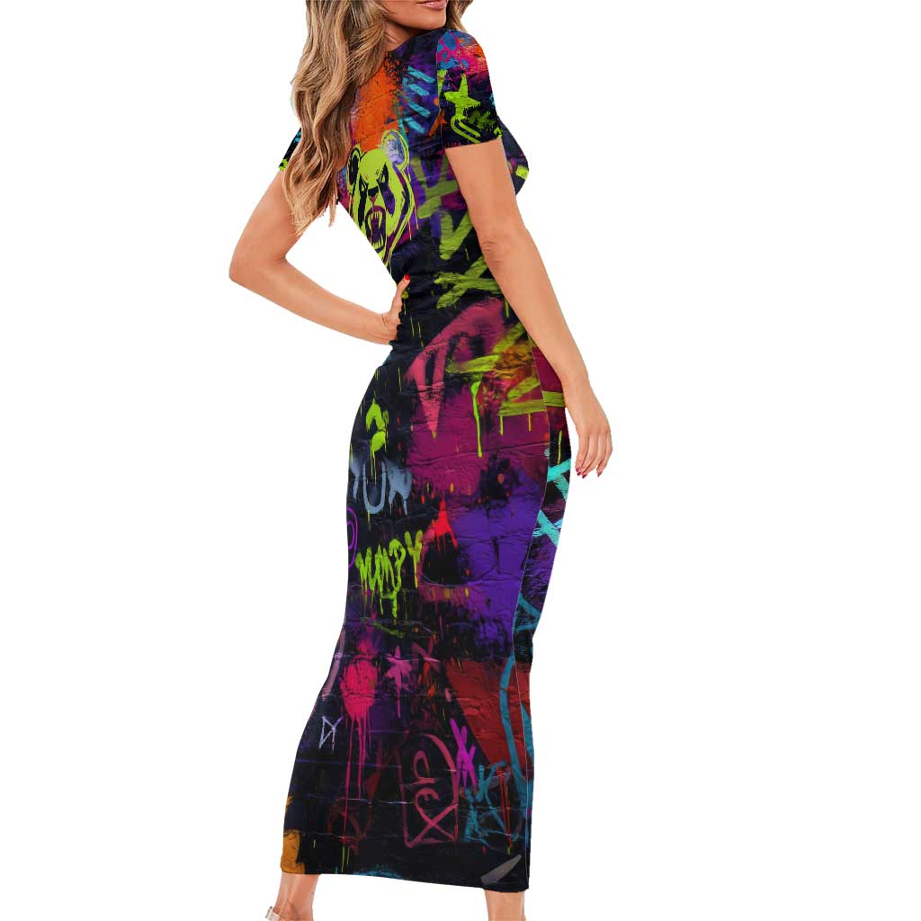 Graffiti Hip Hop Family Matching Short Sleeve Bodycon Dress and Hawaiian Shirt with Neon Bear and Street Artist Panda Design - Wonder Print Shop