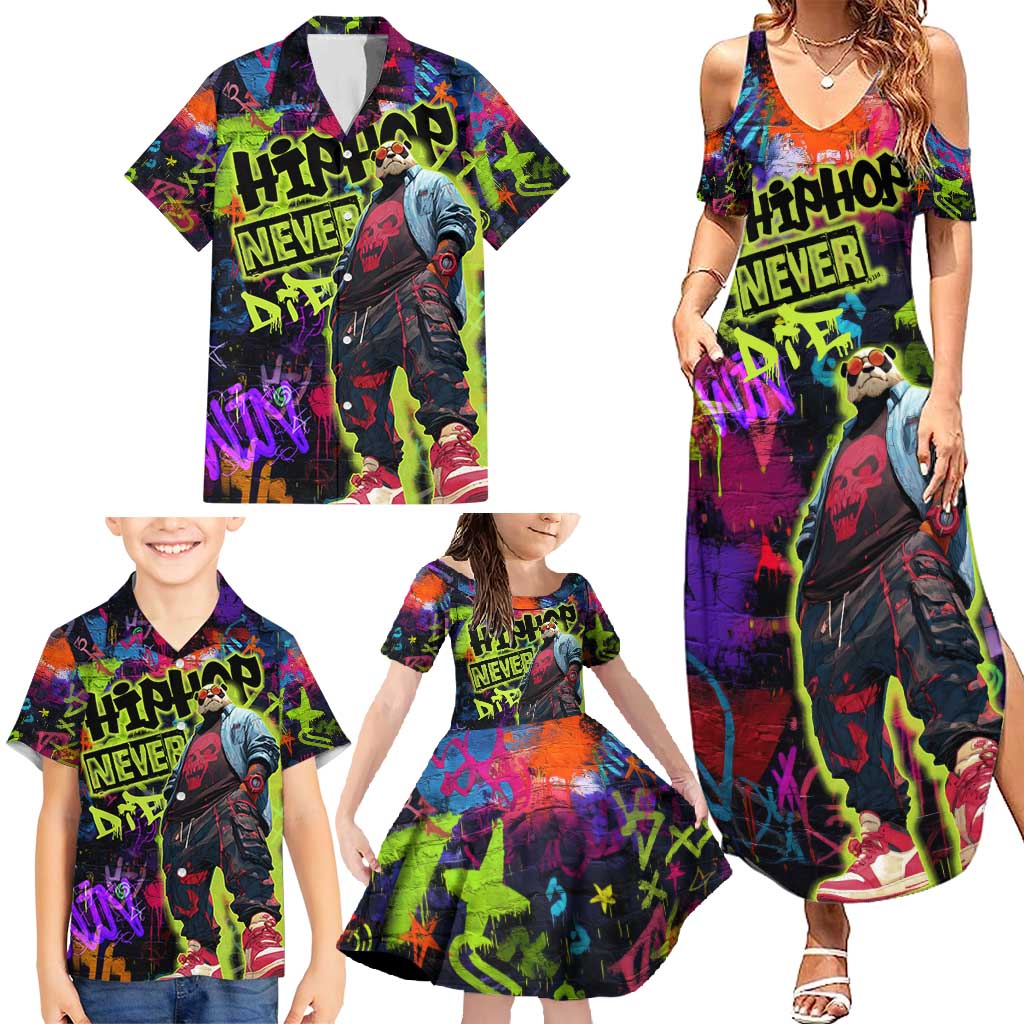 Graffiti Hip Hop Family Matching Summer Maxi Dress and Hawaiian Shirt with Neon Bear and Street Artist Panda Design - Wonder Print Shop