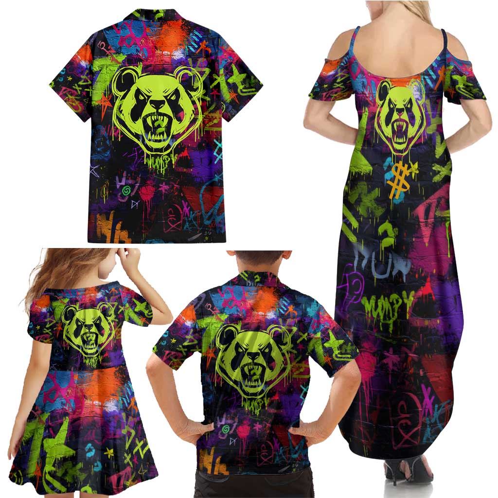 Graffiti Hip Hop Family Matching Summer Maxi Dress and Hawaiian Shirt with Neon Bear and Street Artist Panda Design - Wonder Print Shop