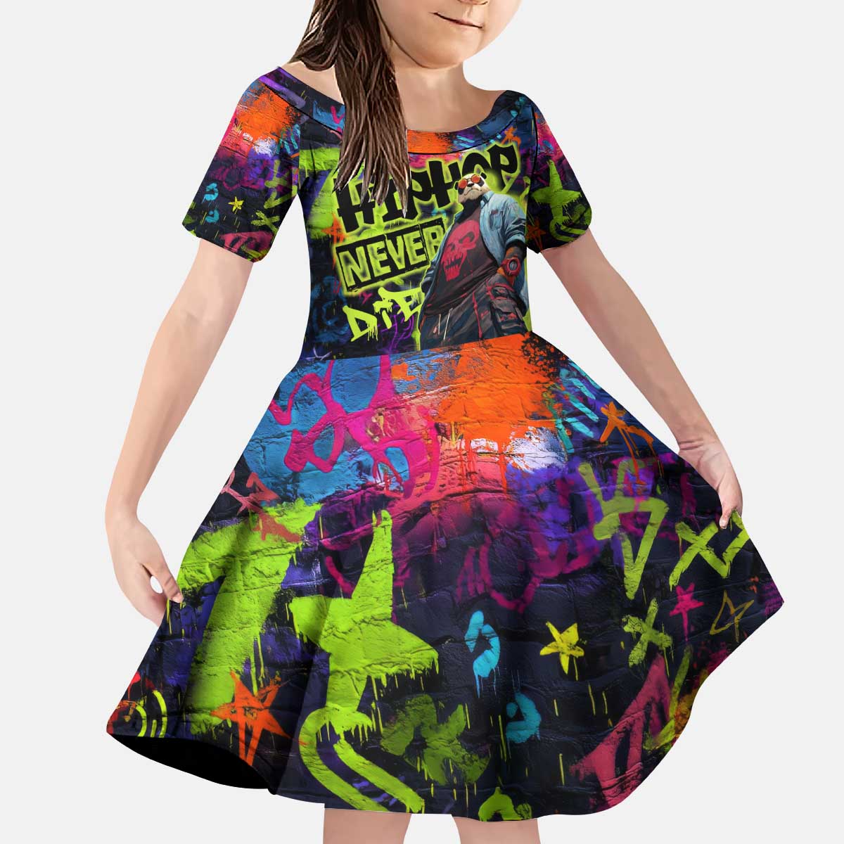 Graffiti Hip Hop Kid Short Sleeve Dress with Neon Bear and Street Artist Panda Design - Wonder Print Shop