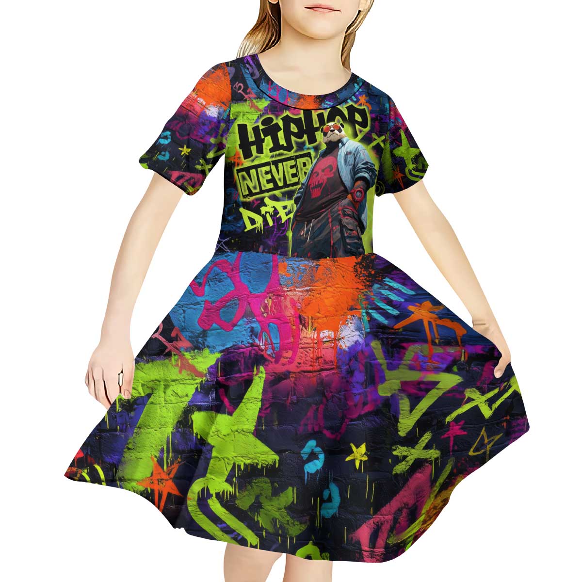 Graffiti Hip Hop Kid Short Sleeve Dress with Neon Bear and Street Artist Panda Design - Wonder Print Shop