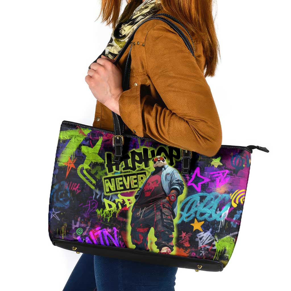 Graffiti Hip Hop Leather Tote Bag with Neon Bear and Street Artist Panda Design - Wonder Print Shop