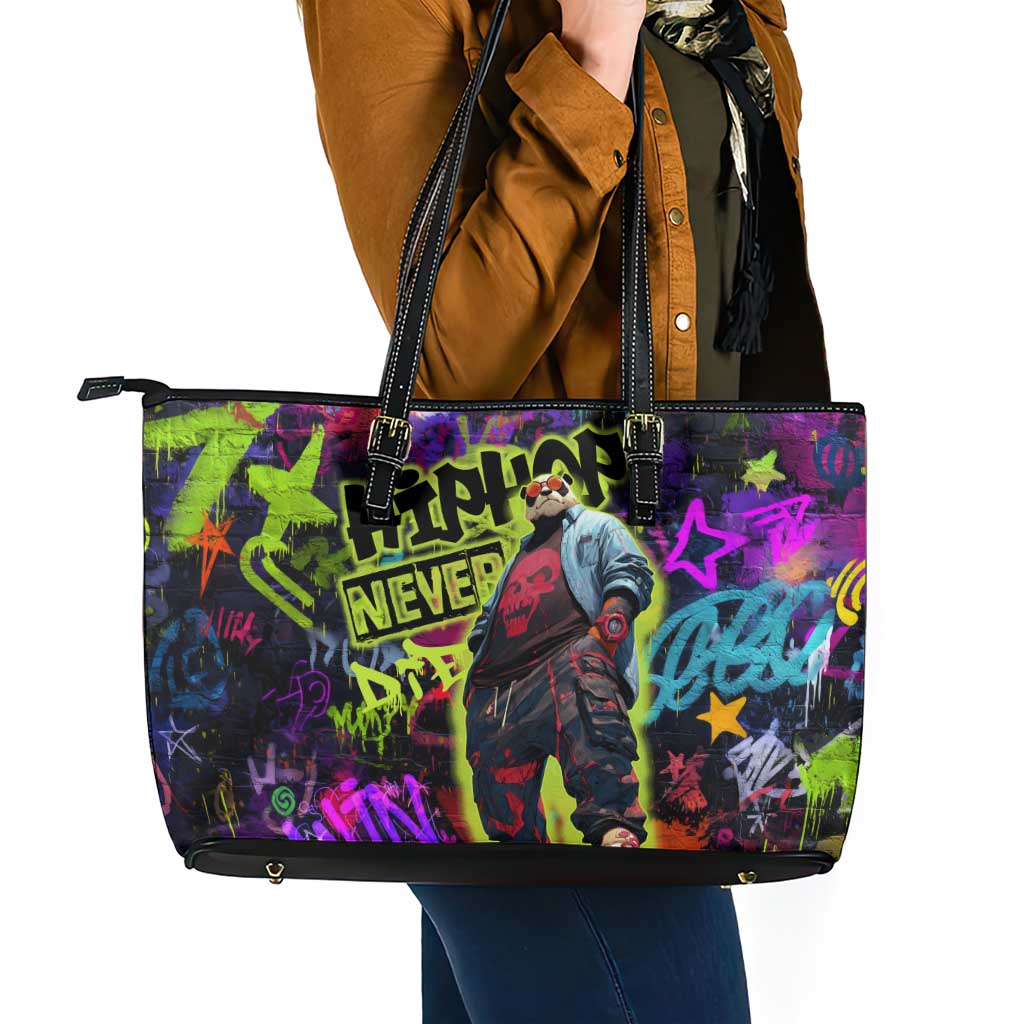 Graffiti Hip Hop Leather Tote Bag with Neon Bear and Street Artist Panda Design - Wonder Print Shop
