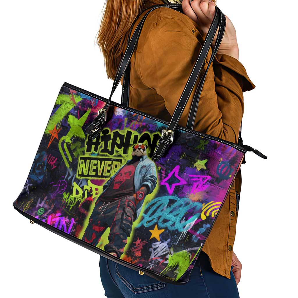Graffiti Hip Hop Leather Tote Bag with Neon Bear and Street Artist Panda Design - Wonder Print Shop