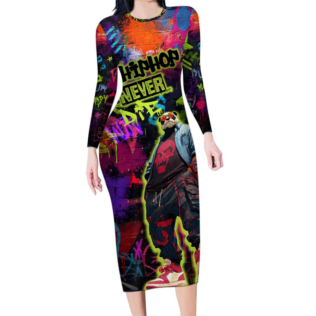 Graffiti Hip Hop Long Sleeve Bodycon Dress with Neon Bear and Street Artist Panda Design - Wonder Print Shop