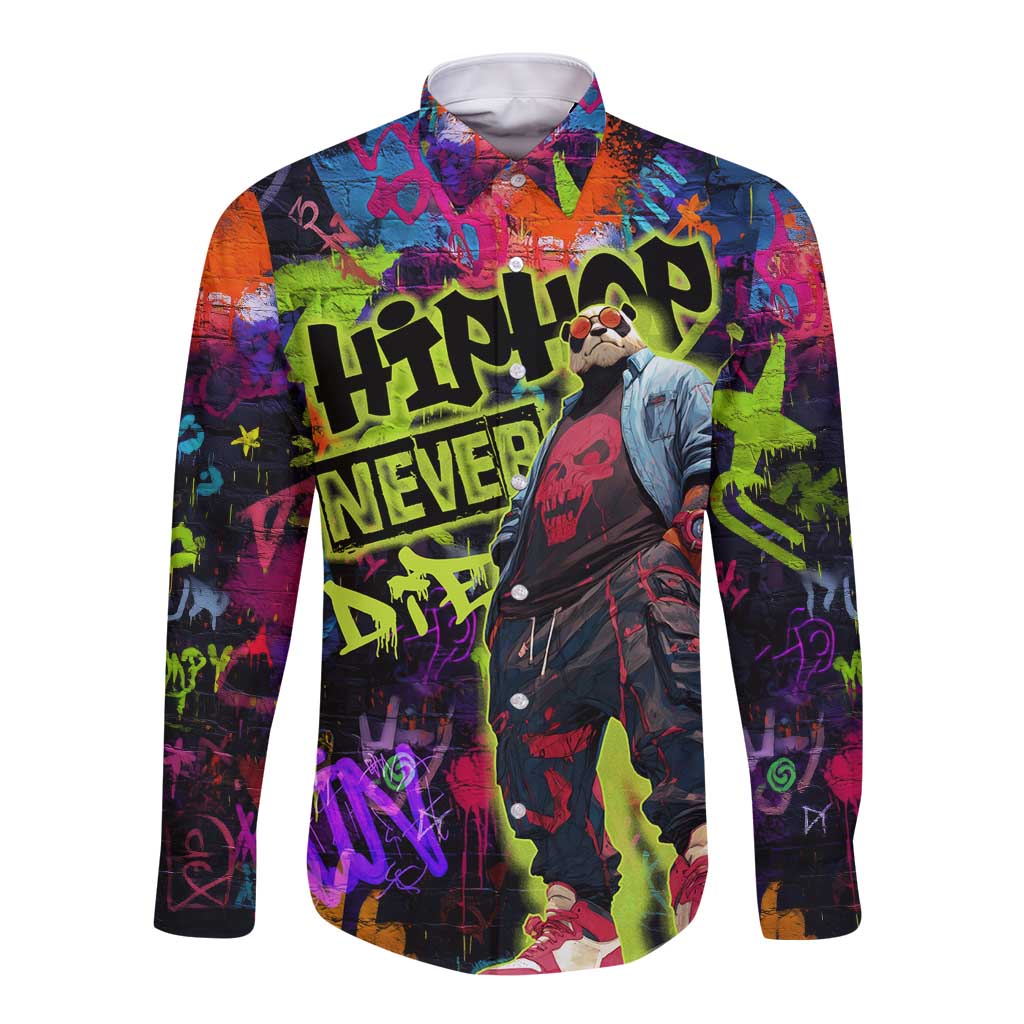 Graffiti Hip Hop Long Sleeve Button Shirt with Neon Bear and Street Artist Panda Design - Wonder Print Shop