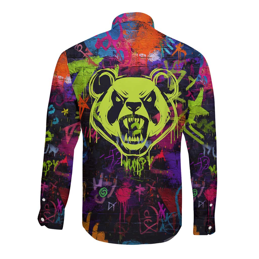 Graffiti Hip Hop Long Sleeve Button Shirt with Neon Bear and Street Artist Panda Design - Wonder Print Shop