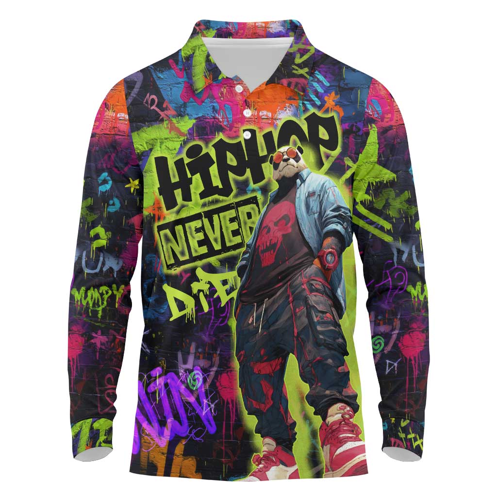 Graffiti Hip Hop Long Sleeve Polo Shirt with Neon Bear and Street Artist Panda Design - Wonder Print Shop
