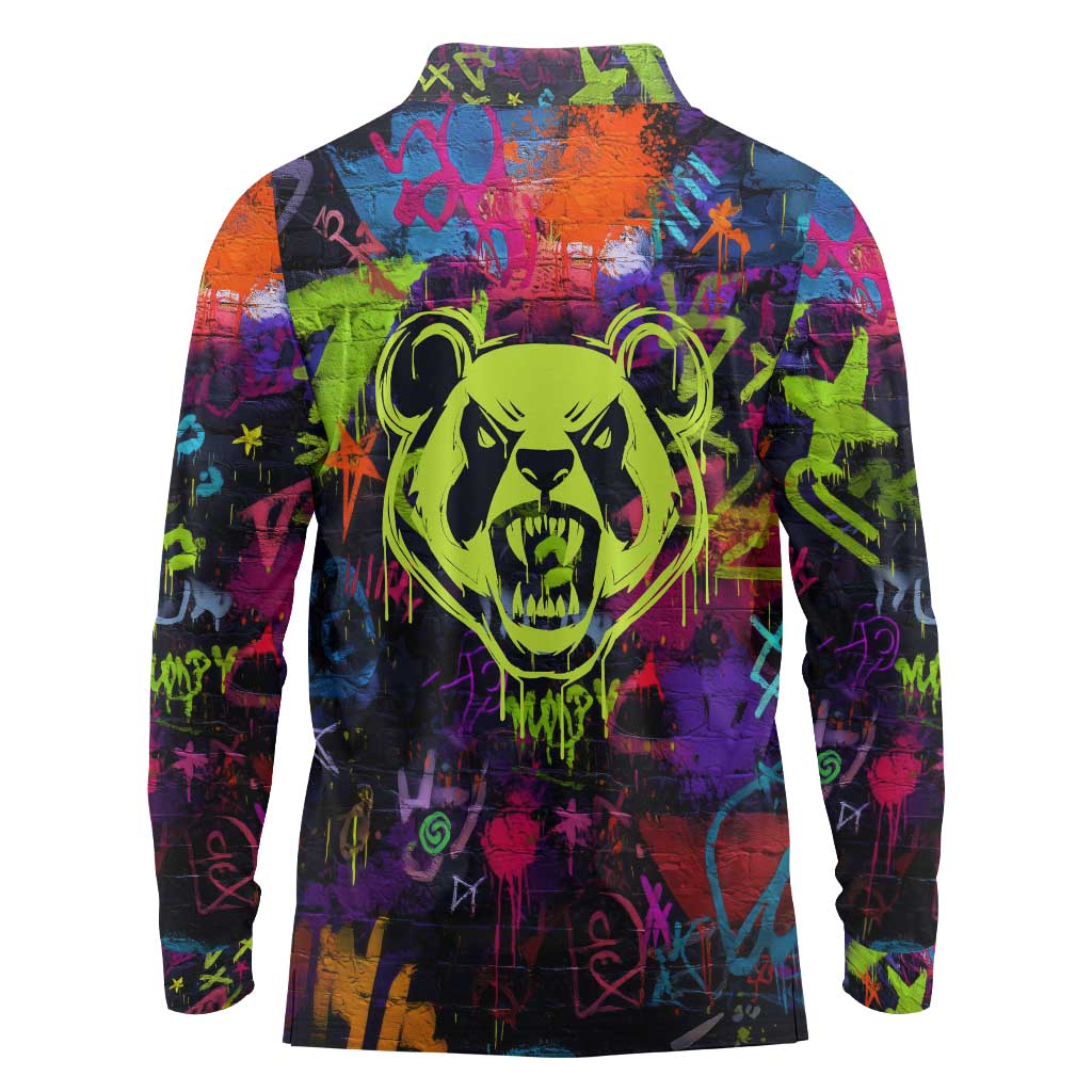 Graffiti Hip Hop Long Sleeve Polo Shirt with Neon Bear and Street Artist Panda Design - Wonder Print Shop