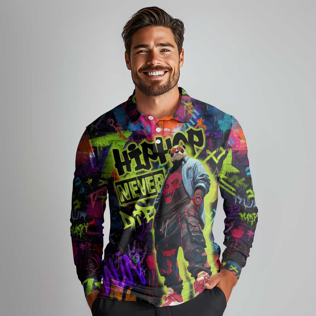 Graffiti Hip Hop Long Sleeve Polo Shirt with Neon Bear and Street Artist Panda Design - Wonder Print Shop