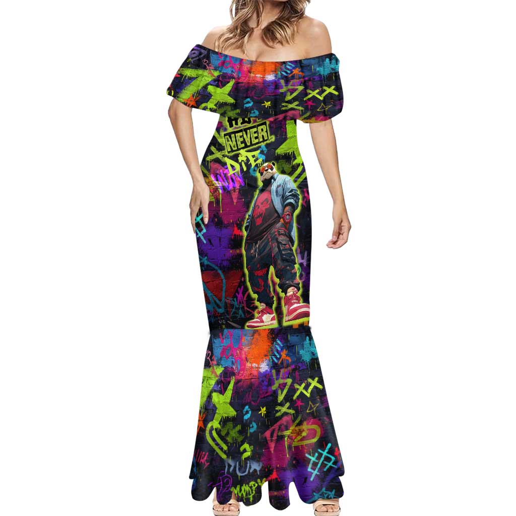 Graffiti Hip Hop Mermaid Dress with Neon Bear and Street Artist Panda Design - Wonder Print Shop