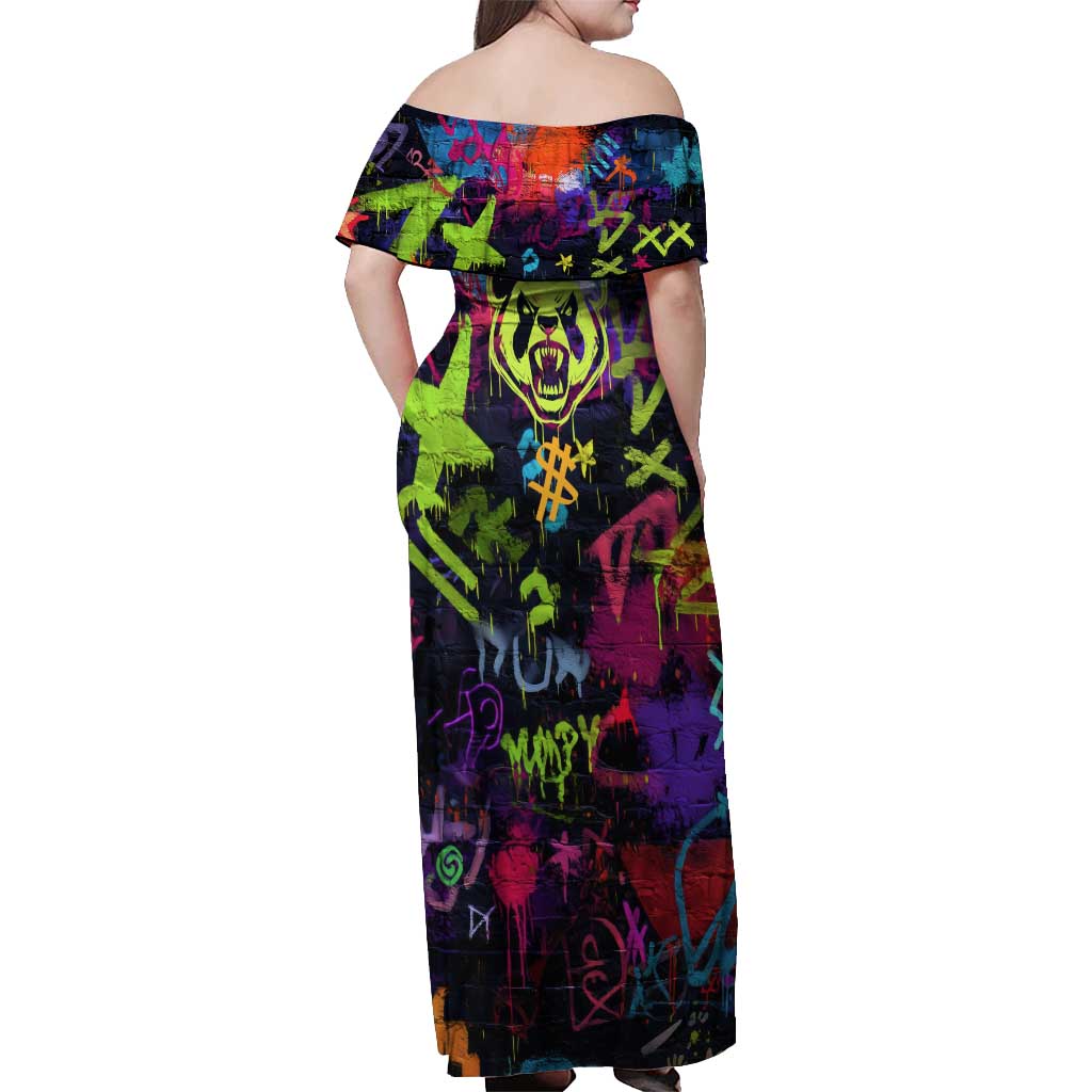 Graffiti Hip Hop Off Shoulder Maxi Dress with Neon Bear and Street Artist Panda Design - Wonder Print Shop