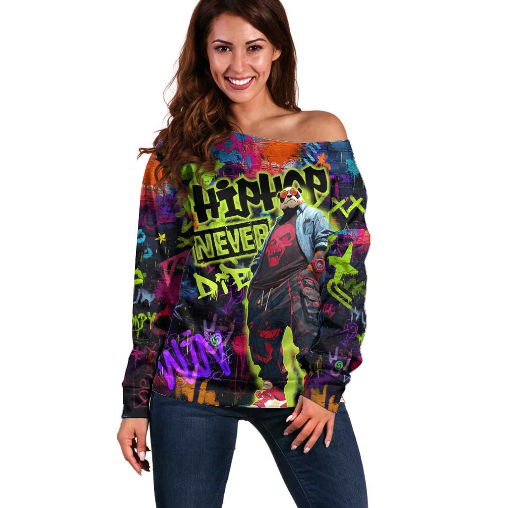 Graffiti Hip Hop Off Shoulder Sweater with Neon Bear and Street Artist Panda Design - Wonder Print Shop