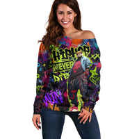 Graffiti Hip Hop Off Shoulder Sweater with Neon Bear and Street Artist Panda Design - Wonder Print Shop