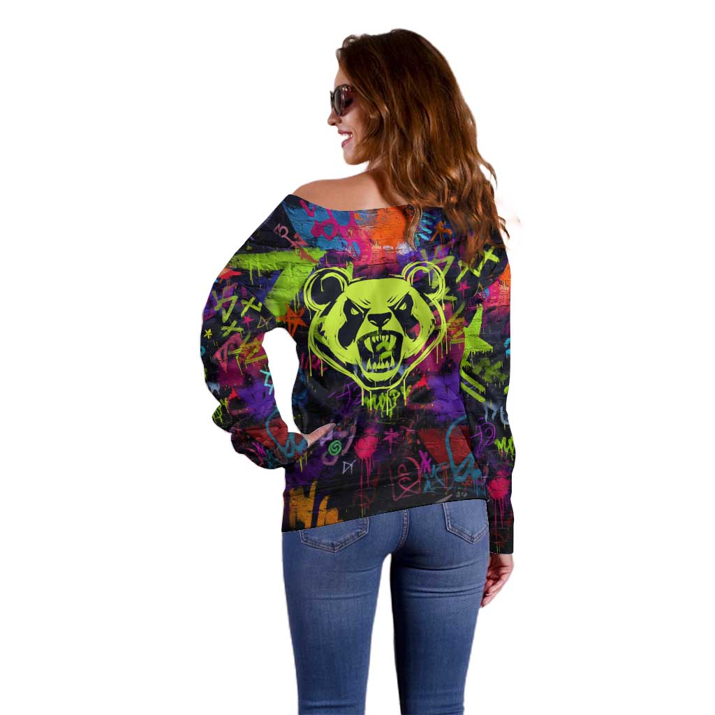 Graffiti Hip Hop Off Shoulder Sweater with Neon Bear and Street Artist Panda Design - Wonder Print Shop