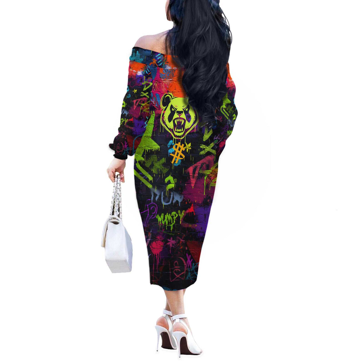 Graffiti Hip Hop Off The Shoulder Long Sleeve Dress with Neon Bear and Street Artist Panda Design - Wonder Print Shop