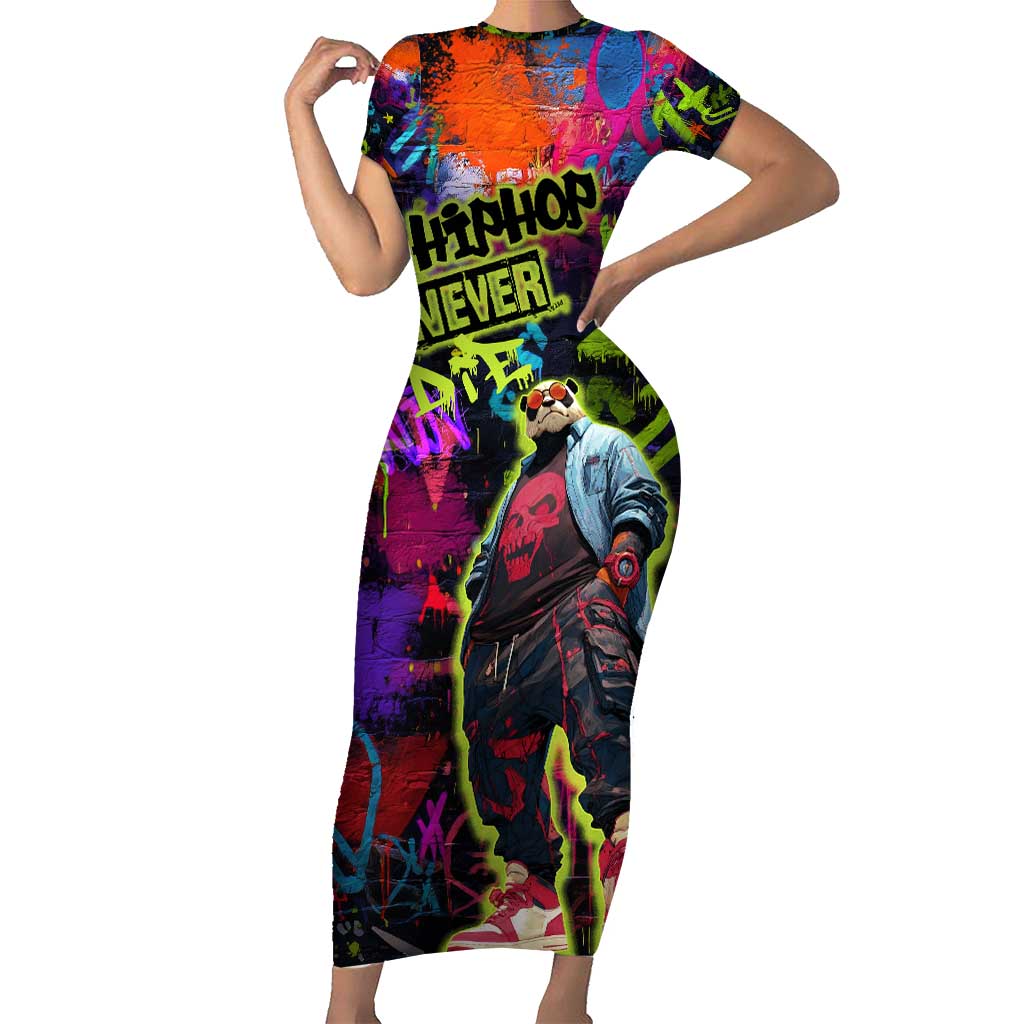 Graffiti Hip Hop Short Sleeve Bodycon Dress with Neon Bear and Street Artist Panda Design - Wonder Print Shop