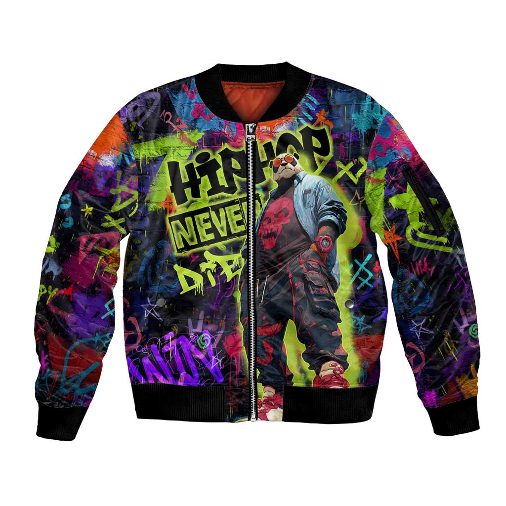 Graffiti Hip Hop Sleeve Zip Bomber Jacket with Neon Bear and Street Artist Panda Design - Wonder Print Shop