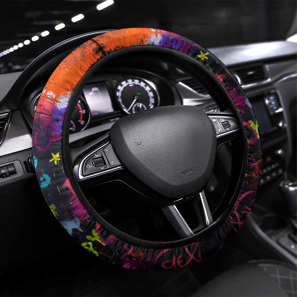 Graffiti Hip Hop Steering Wheel Cover with Neon Bear and Street Artist Panda Design - Wonder Print Shop