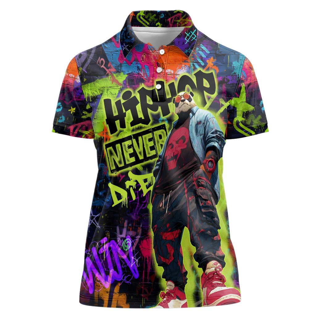 Graffiti Hip Hop Women Polo Shirt with Neon Bear and Street Artist Panda Design - Wonder Print Shop