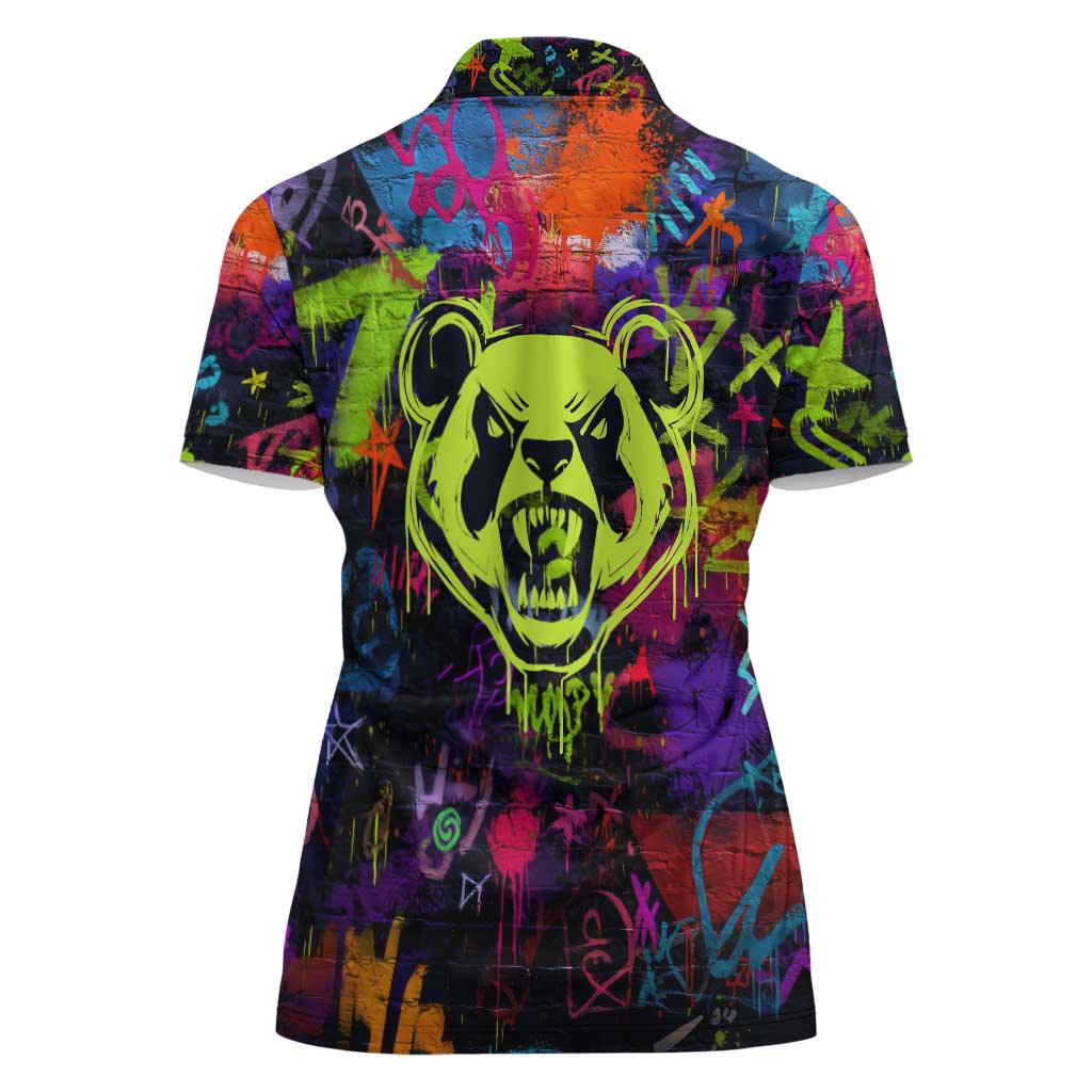 Graffiti Hip Hop Women Polo Shirt with Neon Bear and Street Artist Panda Design - Wonder Print Shop