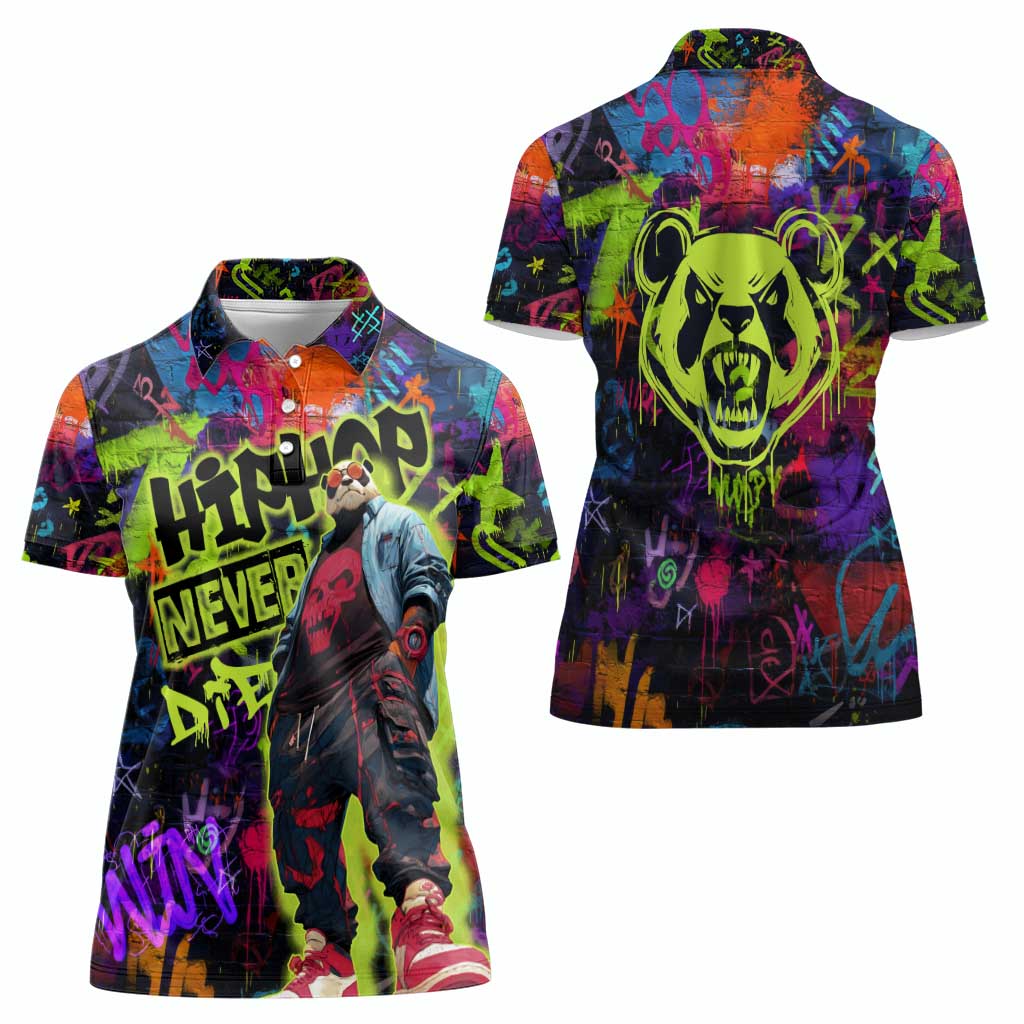 Graffiti Hip Hop Women Polo Shirt with Neon Bear and Street Artist Panda Design - Wonder Print Shop