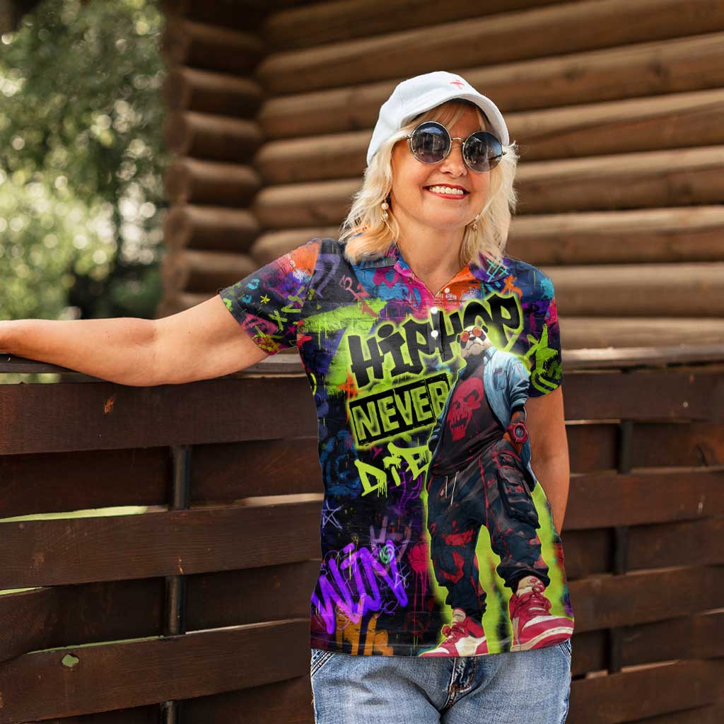 Graffiti Hip Hop Women Polo Shirt with Neon Bear and Street Artist Panda Design - Wonder Print Shop