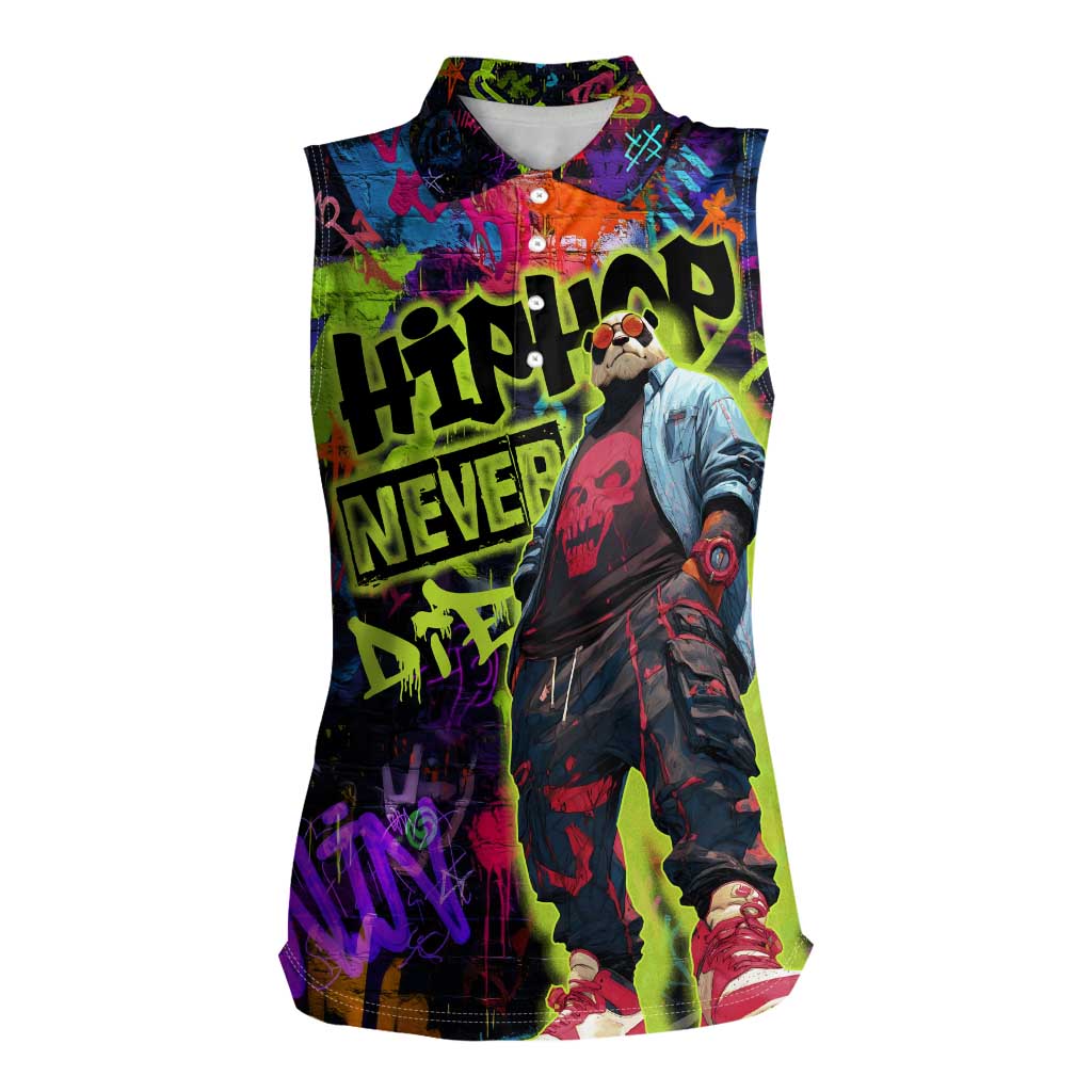 Graffiti Hip Hop Women Sleeveless Polo Shirt with Neon Bear and Street Artist Panda Design - Wonder Print Shop