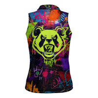 Graffiti Hip Hop Women Sleeveless Polo Shirt with Neon Bear and Street Artist Panda Design - Wonder Print Shop