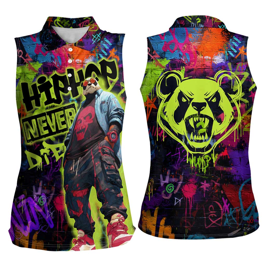 Graffiti Hip Hop Women Sleeveless Polo Shirt with Neon Bear and Street Artist Panda Design - Wonder Print Shop