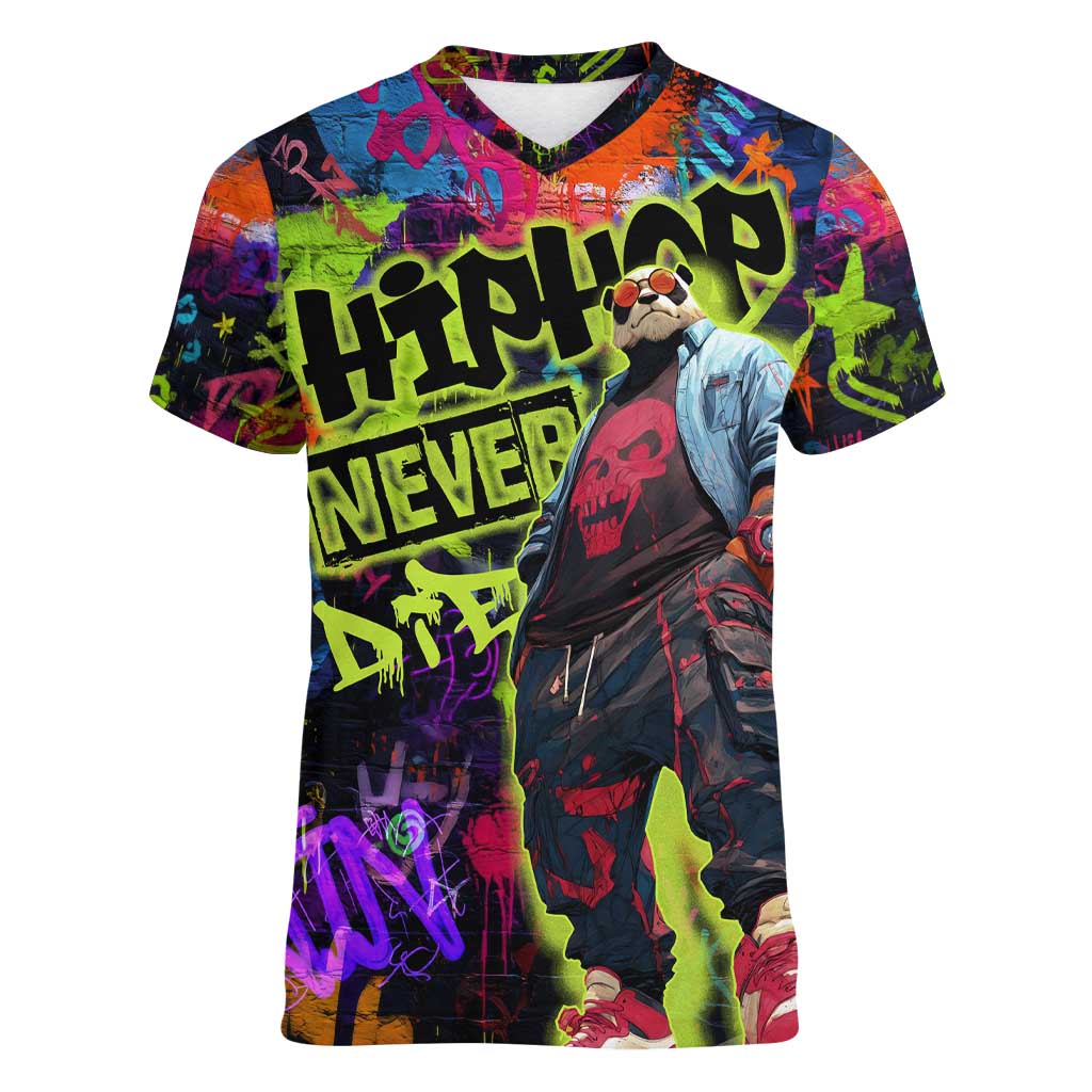 Graffiti Hip Hop Women V-Neck T-Shirt with Neon Bear and Street Artist Panda Design - Wonder Print Shop