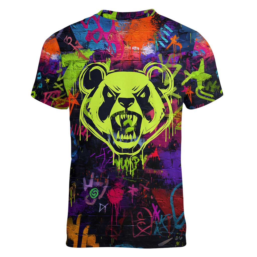 Graffiti Hip Hop Women V-Neck T-Shirt with Neon Bear and Street Artist Panda Design - Wonder Print Shop