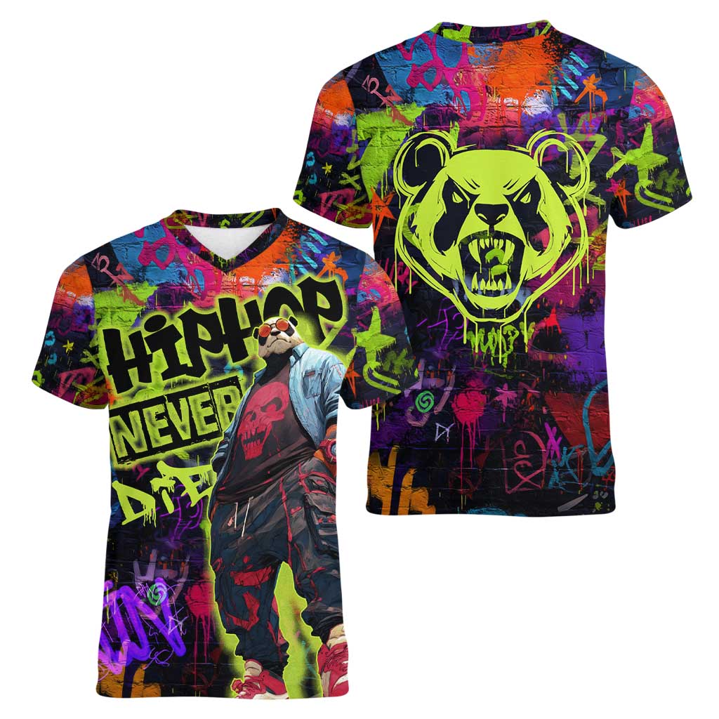 Graffiti Hip Hop Women V-Neck T-Shirt with Neon Bear and Street Artist Panda Design - Wonder Print Shop