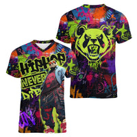 Graffiti Hip Hop Women V-Neck T-Shirt with Neon Bear and Street Artist Panda Design - Wonder Print Shop