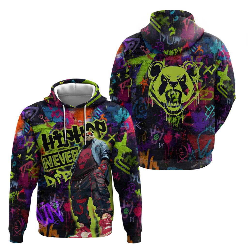 Graffiti Hip Hop Zip Hoodie with Neon Bear and Street Artist Panda Design - Wonder Print Shop