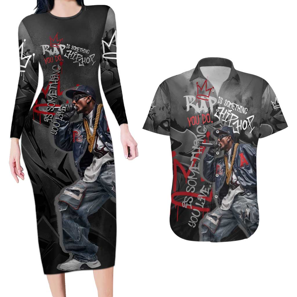 Rap Star Streetwear Couples Matching Long Sleeve Bodycon Dress and Hawaiian Shirt with Graffiti Lettering and Hip Hop - Wonder Print Shop