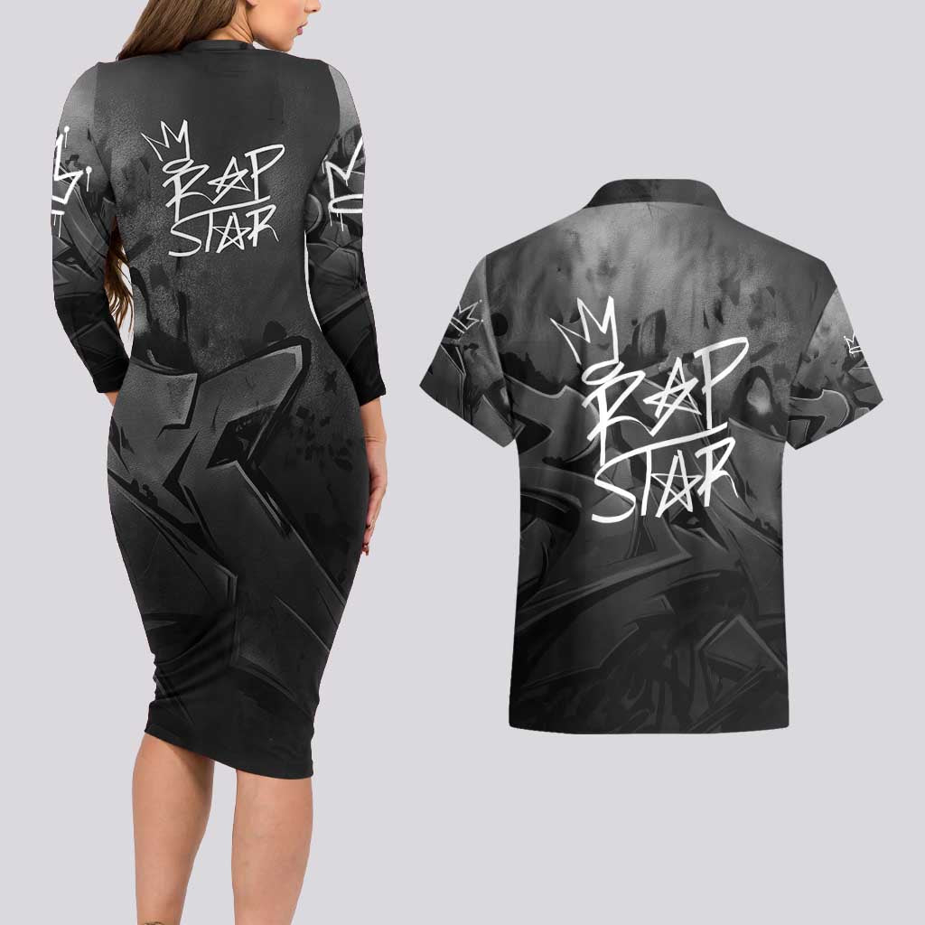 Rap Star Streetwear Couples Matching Long Sleeve Bodycon Dress and Hawaiian Shirt with Graffiti Lettering and Hip Hop - Wonder Print Shop