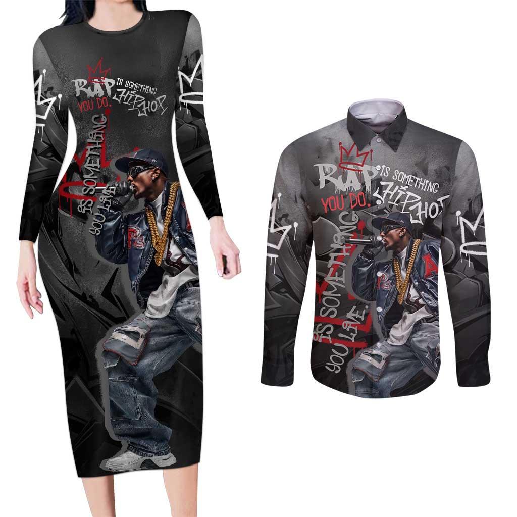 Rap Star Streetwear Couples Matching Long Sleeve Bodycon Dress and Long Sleeve Button Shirt with Graffiti Lettering and Hip Hop - Wonder Print Shop
