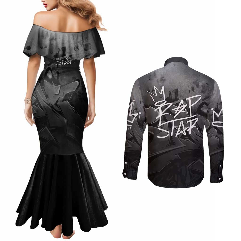 Rap Star Streetwear Couples Matching Mermaid Dress and Long Sleeve Button Shirt with Graffiti Lettering and Hip Hop - Wonder Print Shop