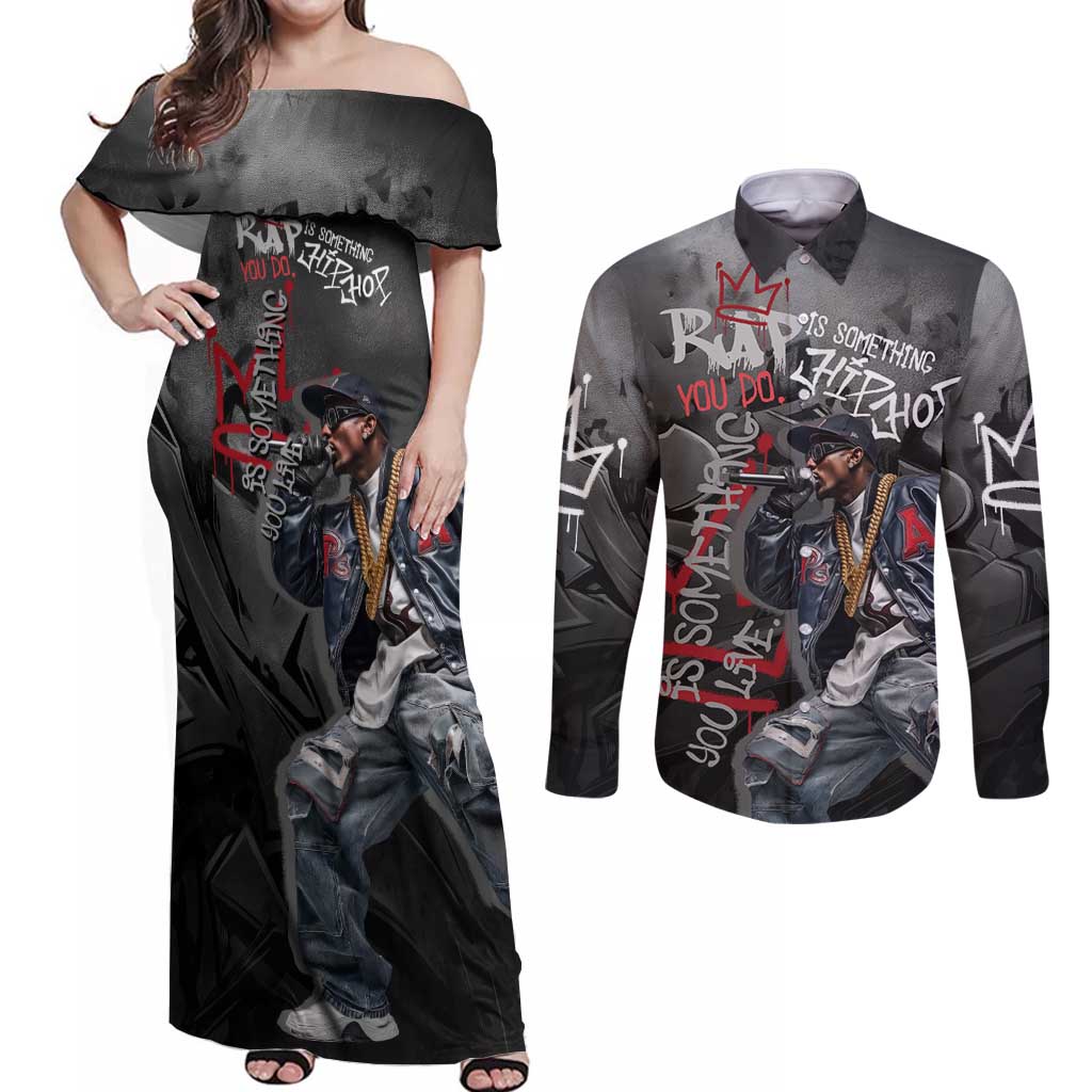 Rap Star Streetwear Couples Matching Off Shoulder Maxi Dress and Long Sleeve Button Shirt with Graffiti Lettering and Hip Hop - Wonder Print Shop