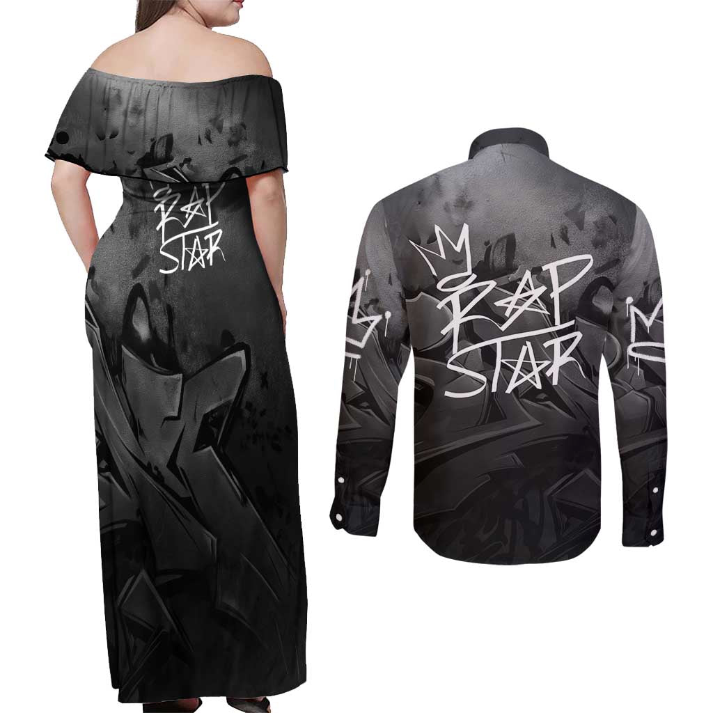 Rap Star Streetwear Couples Matching Off Shoulder Maxi Dress and Long Sleeve Button Shirt with Graffiti Lettering and Hip Hop - Wonder Print Shop