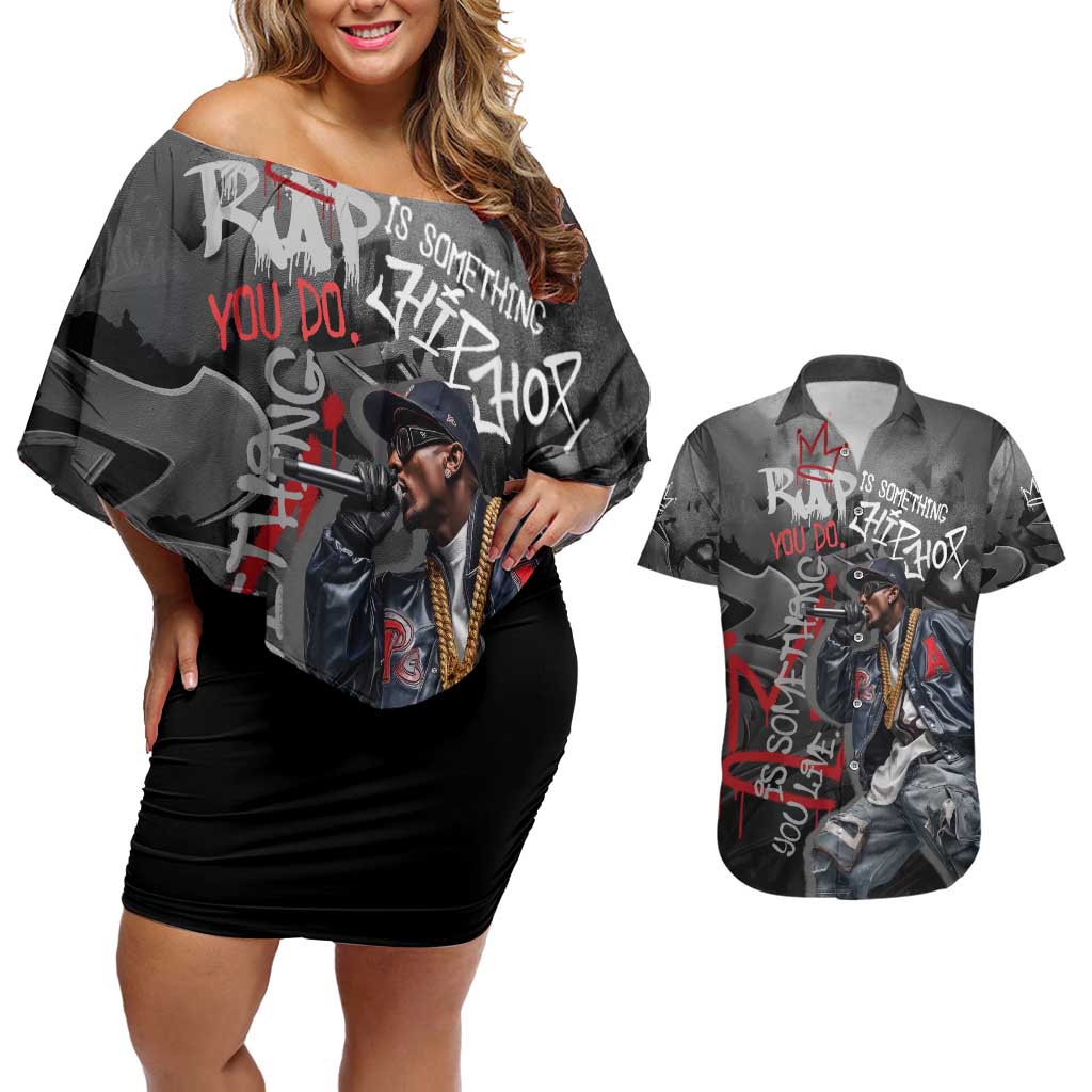 Rap Star Streetwear Couples Matching Off Shoulder Short Dress and Hawaiian Shirt with Graffiti Lettering and Hip Hop - Wonder Print Shop