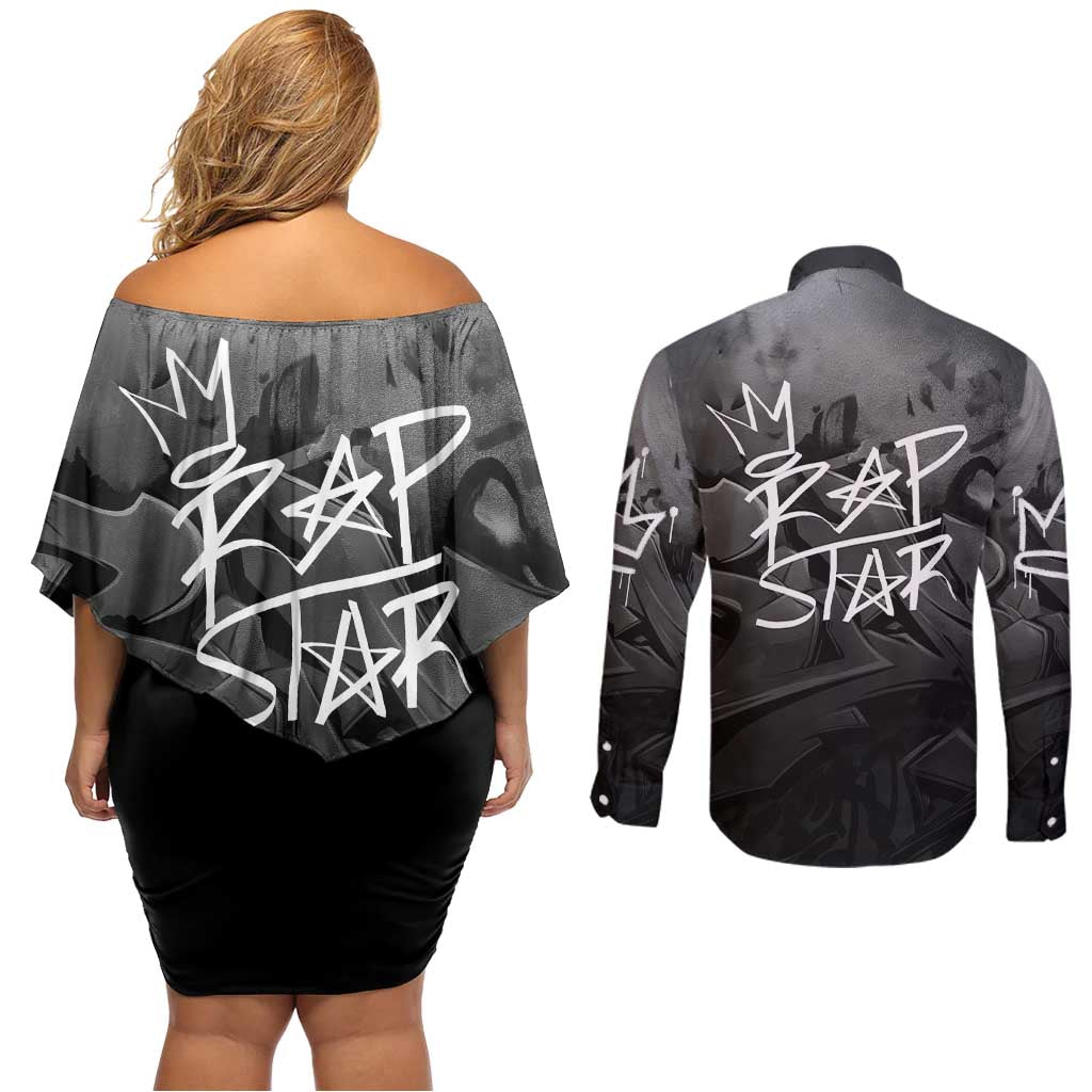Rap Star Streetwear Couples Matching Off Shoulder Short Dress and Long Sleeve Button Shirt with Graffiti Lettering and Hip Hop - Wonder Print Shop