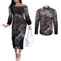 Rap Star Streetwear Couples Matching Off The Shoulder Long Sleeve Dress and Long Sleeve Button Shirt with Graffiti Lettering and Hip Hop - Wonder Print Shop