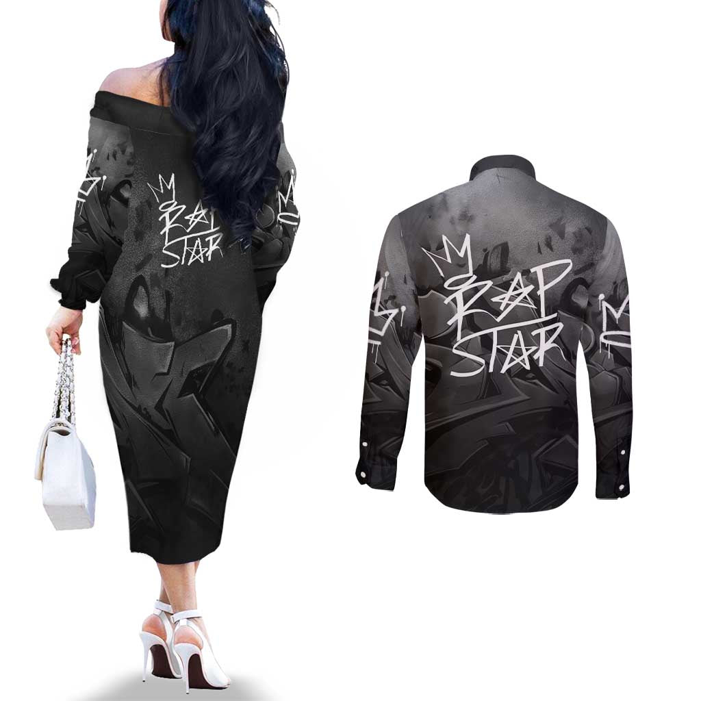 Rap Star Streetwear Couples Matching Off The Shoulder Long Sleeve Dress and Long Sleeve Button Shirt with Graffiti Lettering and Hip Hop - Wonder Print Shop