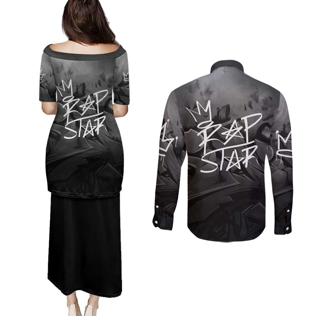 Rap Star Streetwear Couples Matching Puletasi and Long Sleeve Button Shirt with Graffiti Lettering and Hip Hop - Wonder Print Shop