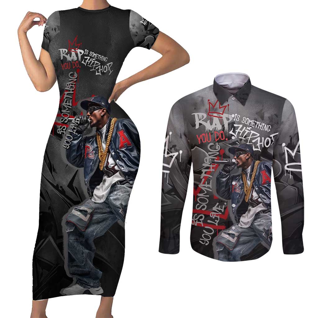 Rap Star Streetwear Couples Matching Short Sleeve Bodycon Dress and Long Sleeve Button Shirt with Graffiti Lettering and Hip Hop - Wonder Print Shop