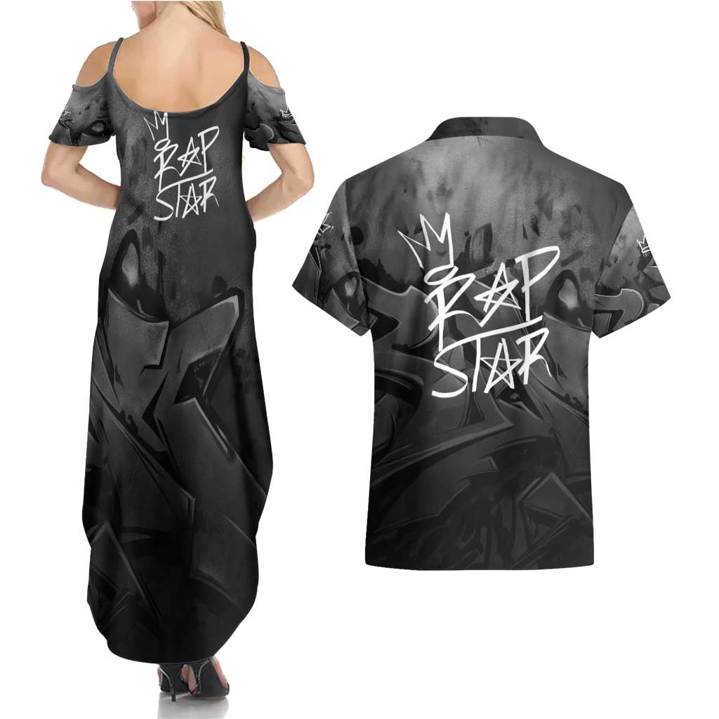 Rap Star Streetwear Couples Matching Summer Maxi Dress and Hawaiian Shirt with Graffiti Lettering and Hip Hop - Wonder Print Shop