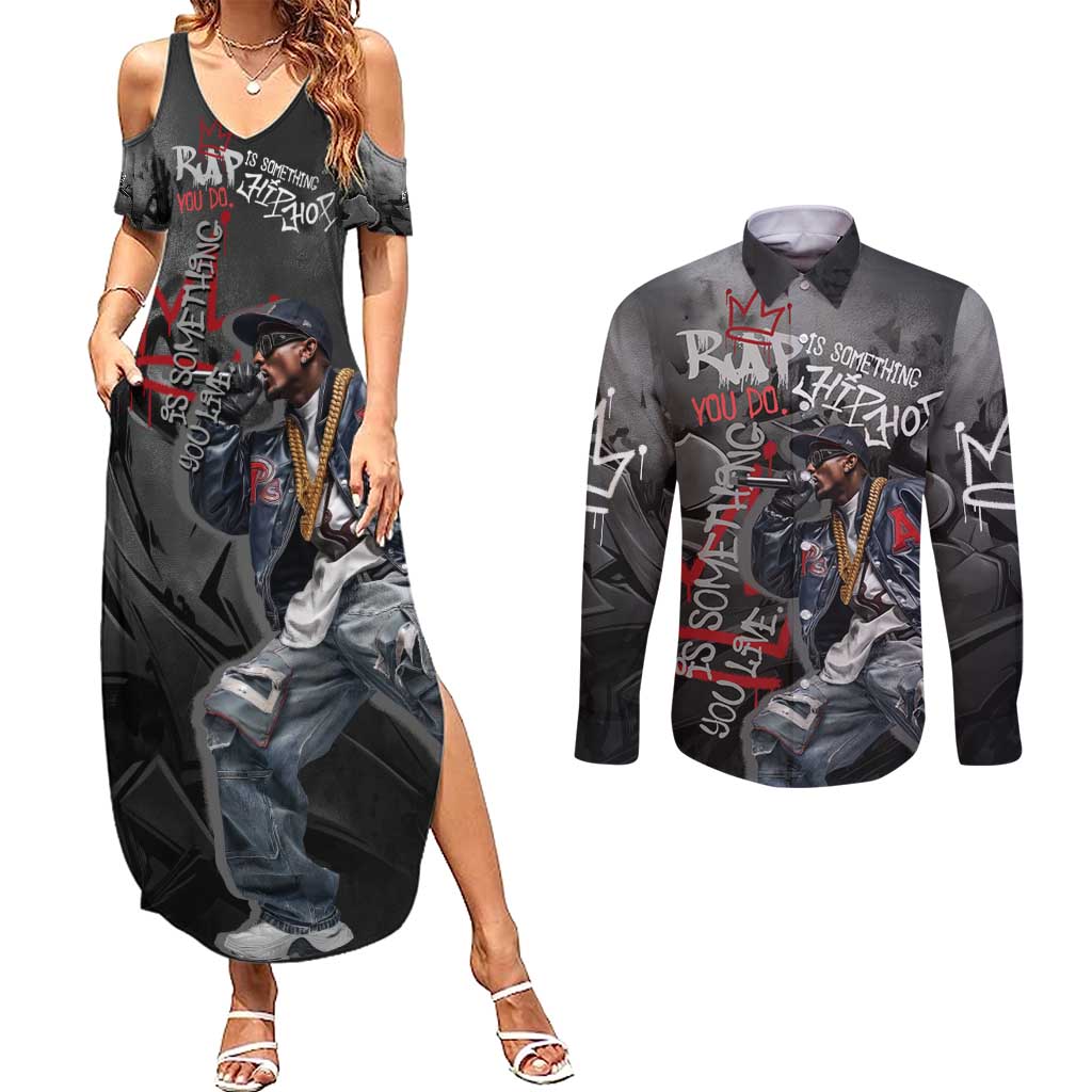 Rap Star Streetwear Couples Matching Summer Maxi Dress and Long Sleeve Button Shirt with Graffiti Lettering and Hip Hop - Wonder Print Shop
