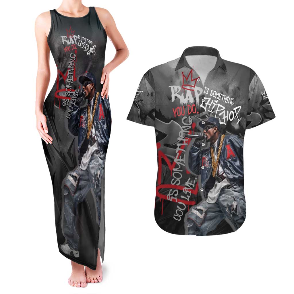 Rap Star Streetwear Couples Matching Tank Maxi Dress and Hawaiian Shirt with Graffiti Lettering and Hip Hop - Wonder Print Shop